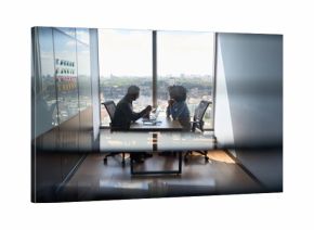Young indian businessman ceo hr director having interview hiring for job with female African American attorney sitting in office at panoramic view window. Shot through jalousie glass.