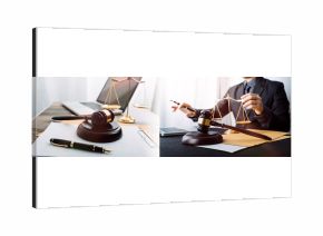 Business and lawyers discussing contract papers with brass scale on desk in office. Law, legal services, advice, justice and law concept picture with film grain effect