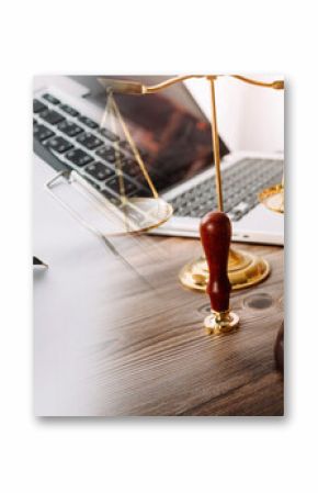 Business and lawyers discussing contract papers with brass scale on desk in office. Law, legal services, advice, justice and law concept
