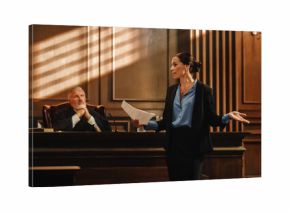 Court of Justice and Law Trial: Successful Female Prosecutor Presenting the Case, Making Passionate Speech to Judge, Jury. Attorney Lawyer Protecting Client with Closing Not Guilty Arguments.