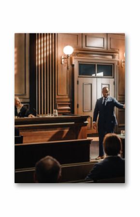 Court of Justice and Law Trial: Male Public Defender Presenting Case, Making Passionate Speech to Judge, Jury. African American Attorney Lawyer Protecting Client's Innocents with Supporting Argument.