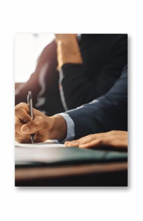 Court of Justice and Law Trial: Male Barrister Writes Down Arguments for Defence Strategy. African American Attorney Lawyer Fight for Freedom of His Client with Supporting Evidence. Close Up.