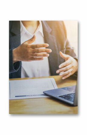 Lawyers consult online via video conferencing system by laptop.