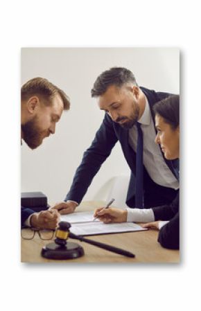 Team of people meeting around table with judicial documents. Experts working with court papers to ensure enforcement of law and justice. Lawyer giving legal advice concerning criminal or civil lawsuit