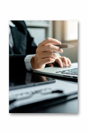 Close up of views female Lawyer or Business women working with a laptop to drafting contract at a law firm, Justice and law concept.