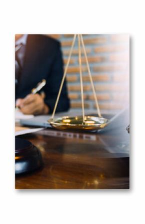 Business and lawyers discussing contract papers with brass scale on desk in office. Law, legal services, advice, justice and law concept picture with film grain effect