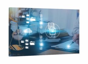 Business and lawyers discussing contract papers with brass scale on desk in office. Law, legal services, advice, justice and law concept picture with film grain effect