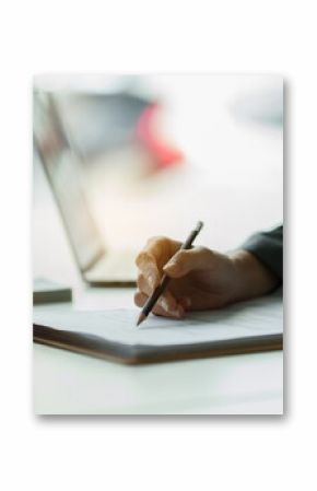 Business woman and lawyers discussing contract papers with brass scale on wooden desk in office. Law, legal services, advice, Justice concept