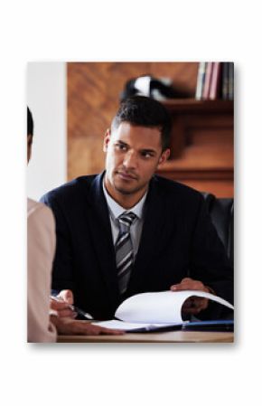 Contract, signature and attorney consulting a client in his office with legal paperwork or agreement. Signature, approval and male lawyer in discussion with woman with a document to sign in workplace