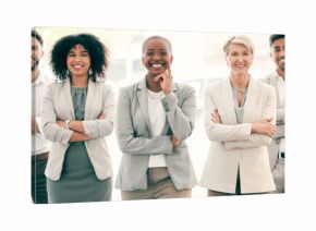Portrait, lawyers and group of business people with arms crossed in office. Confidence, team and happy employees, men and women, attorneys and collaboration for diversity, solidarity or cooperation