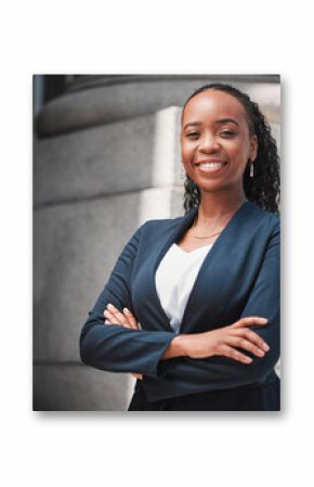 Arms crossed, lawyer or portrait of happy black woman with smile or confidence working in a law firm. Confidence, empowerment or proud African attorney with leadership or vision for legal agency