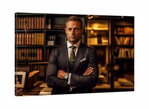 Avocat expérimenté et distingué, démontrant professionnalisme et élégance, dans un bureau sophistiqué rempli de livres juridiques, évoquant sérieux et dévouement