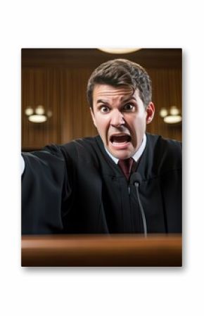 Angry judge in a courtroom. Law and justice theme. Studio shot.