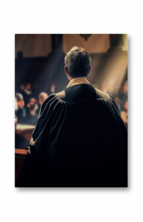 Avocat avec sa robe, vu de dos au tribunal