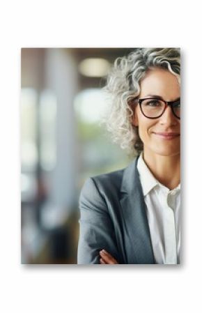 In the office, a senior businesswoman crosses her arms and looks at the camera.