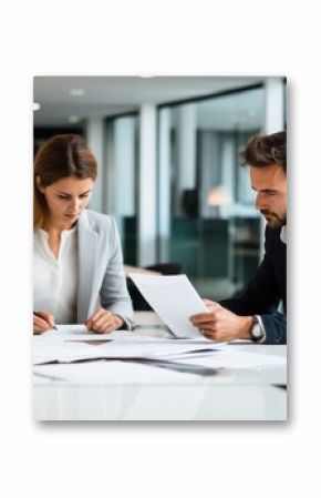 Business woman and man lawyer attorney showing document to man client providing advisory services, professionals discussing tax papers working in office at meeting. Legal consultancy concept.
