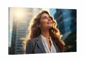 Close up portrait of young attractive businesswoman wearing smart clothes and smiling and looking absolutely happy posing outdoors city the background.