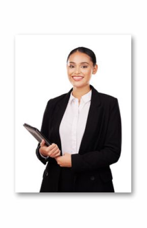 Happy woman, portrait and lawyer with tablet for human rights isolated on a transparent PNG background. Female person, attorney or ambassador smile with technology for politics, law or advisor