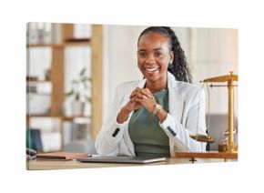 Happy, black woman or portrait lawyer with confidence, empowerment or justice in law firm office. Mentor, corporate or proud African attorney smiling with leadership, success or vision by legal scale