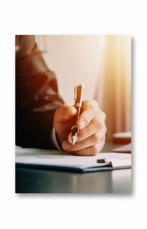 Business and lawyers discussing contract papers with brass scale on desk in office. Law, legal services, advice, justice and law concept picture with film grain effect