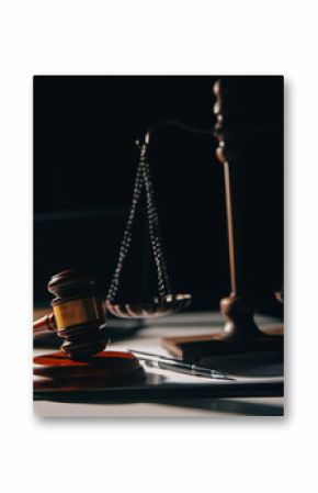 Business and lawyers discussing contract papers with brass scale on desk in office. Law, legal services, advice, justice and law concept picture with film grain effect