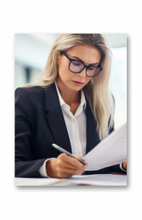 A female lawyer reviewing documents in her office, Business woman, Women day, blurred background, with copy space