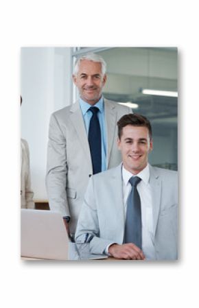 Laptop, meeting and portrait of business people in office for research on corporate legal project in collaboration. Team, technology and group of attorneys work on law case with computer in workplace