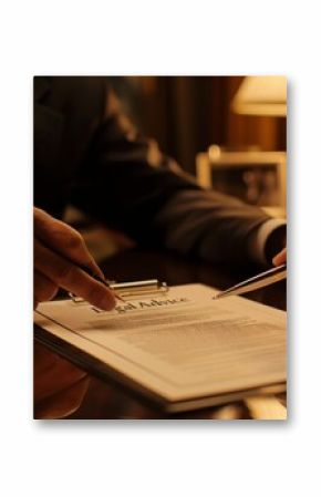 An attorney in a formal suit is shown giving legal consultation, with a document titled 'Legal Advice' on a polished wooden desk.