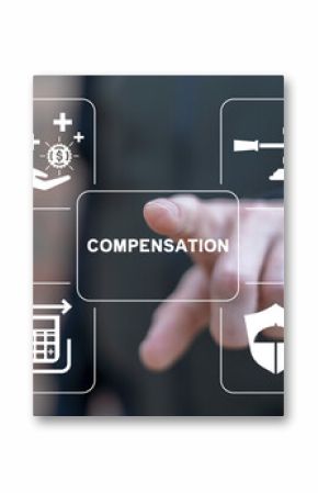 Man using virtual screen presses word: COMPENSATION. Injury, insurance, compensation, legal advice concept. Disability, workplace accident or trauma, attorney for advice, agreement or policy report.