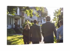 A group of attorneys and their client walking through a residential neighborhood examining the layout of the streets and the condition of the surrounding properties.