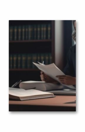 female law attorney writing document on brown table