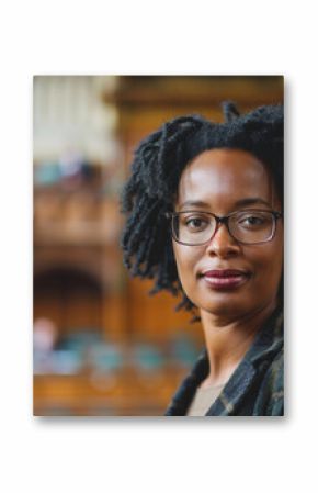 Portrait, Afro-Caribbean, woman lawyer, barrister, court building in the background. Diversity, inclusion, legal profession