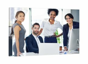 Smile, teamwork and portrait of business people in office with laptop for legal research for case. Happy, collaboration and group of attorneys working on law project with computer in workplace.