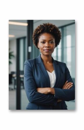 Portrait of Confident proud African American lady lawyer wearing suit standing arms crossed in office near glass wall