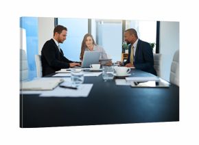 Teamwork, lawyers or business people on laptop for discussion at law firm for consulting or legal advice. Technology, news info and attorneys on tablet for schedule update, meeting or feedback review