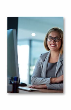 Professional, lawyer or woman in portrait with computer, case research and confidence with smile. Office, female attorney and desktop for corporate firm, legal service and labor law employee at night