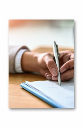 Woman, hands and signature on paper contract in office, compliance and attorney for legal documents. Female person, pen and application or merger for business deal, agreement and validation letter