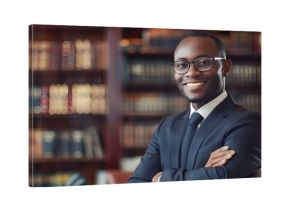 Confident African attorney working proudly in a law firm. Concept Law Firm, African Attorney, Confidence, Professional Setting, Proud Work