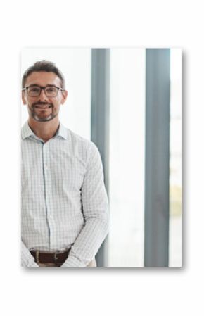 Mature man, executive and portrait with smile from legal, business and consultant with law firm. Confidence, male attorney and professional with New York, office and happy for startup by window