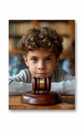 Cute child and mother at table with gavel of judge blurred in background, family law concept