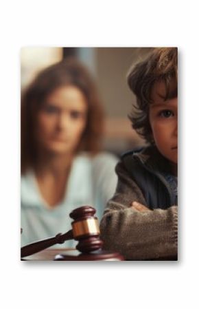 Cute child and mother at table with gavel of judge blurred in background, family law concept