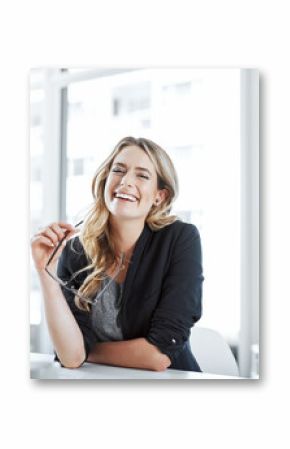 Desk, portrait and woman in office, smile and business lawyer with computer, legal research and online. Law firm, attorney and ready for helping, glasses and preparation for contract, table or person