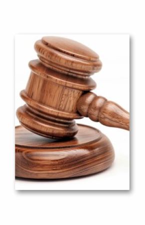 Closeup of a judge's gavel resting on a wooden sound block, isolated on white background, rich wood grain detail 