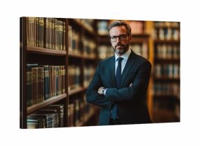 Portrait of a Lawyer in Formal Suit Against Law Library Backdrop