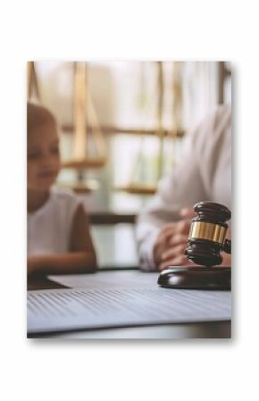 Seeking Resolution: A family confers with their lawyer, a gavel in the foreground symbolizing the gravity of their legal situation. 