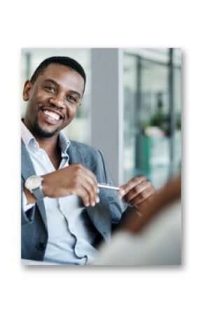 Talking, office and business black man in meeting with client for networking, planning and partnership. Corporate attorney, company and lawyer in discussion, conversation and consulting for contract