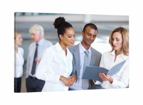 Business people, paperwork and collaboration in office with lawyer teamwork on labor law case. Planning, attorney report and documents with management and diversity of staff with evidence for trial