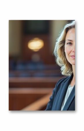 Confident female lawyer in a courtroom setting, poised and authoritative. Legal services, law firms, professional associations.