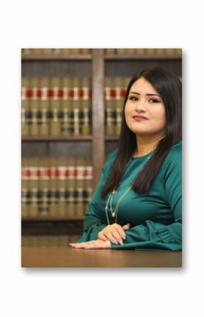 Young attractive hispanic woman, women attorney in law library, portrait of a woman lawyer