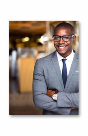 Smiling and cheerful African american business professional, attorney at law office